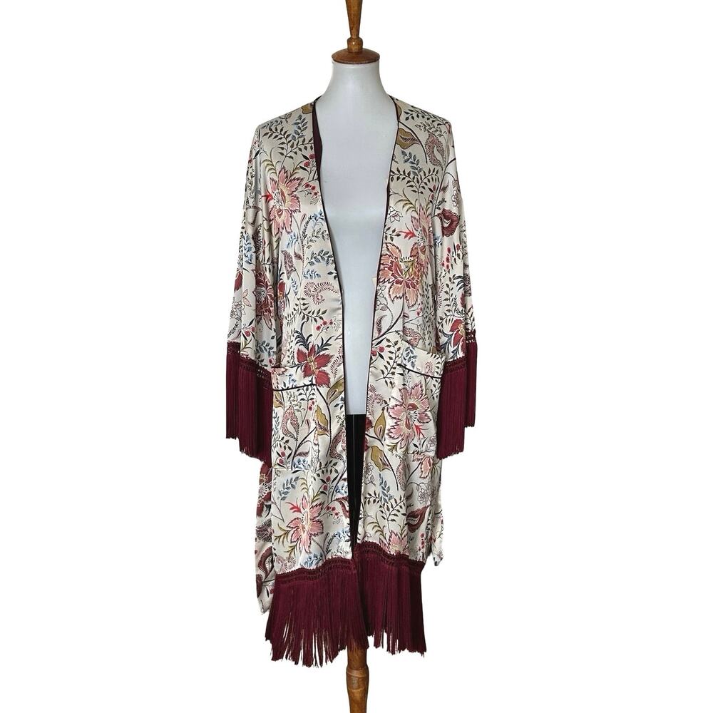 Boho Floral Fringe Kimono Robe Duster Statement Jacket One Size